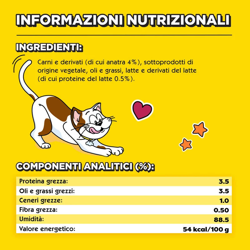 Informazioni nutrizionali Catisfactions Creamy Anatra con ingredienti e componenti analitici visibili Informazioni nutrizionali Catisfactions Creamy Anatra con ingredienti e componenti analitici visibili